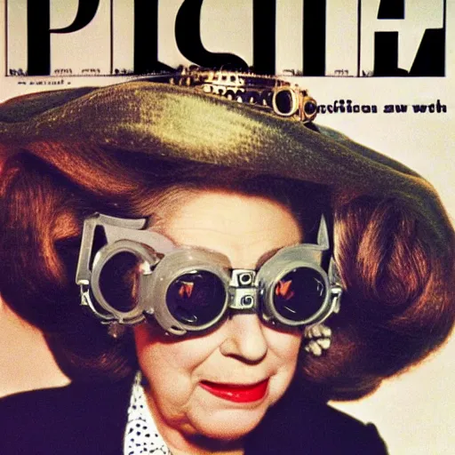 Prompt: magazine cover photo of Elizabeth II using gigantic steampunk googles portrait photo by Slim Aarons in 1965 TIMES magazine cover photo, color