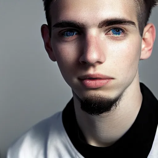 Image similar to an close - up photo of an american 2 0 yo man wearing a white shirt and black tracksuit, blonde hair, hazel eyes, small blond goatee, biggish nose