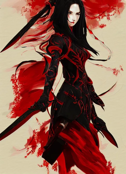 Image similar to a highly detailed illustration of elegant hime cut long black haired woman wearing red and black battle dress, heroically wielding black blade pose, with red magic surrounding her, intricate, elegant, highly detailed, centered, digital painting, artstation, concept art, smooth, sharp focus, league of legends concept art, WLOP