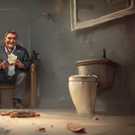 Image similar to viktor orban with detailed eyes and evil smile, sitting on the toilet and eating bacon by greg rutkowski, highly detailed, octane render, 4 k, 8 k, hdr, cgsociety, amazing lightning, masterpiece