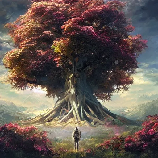 Image similar to Tree of life, epic scene, paint by Raymond Swanland