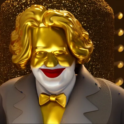 Image similar to A still of Ronald McDonald surrounded by gold and diamonds, Award-winning, photograph, 3d render, unreal engine, 4k detailed