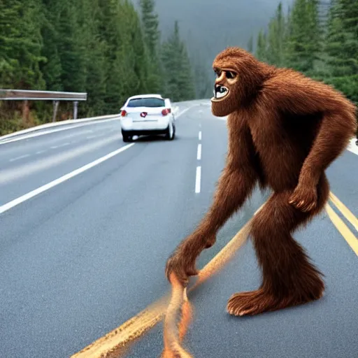 Image similar to Sasquatch tossing a tree into highway traffic