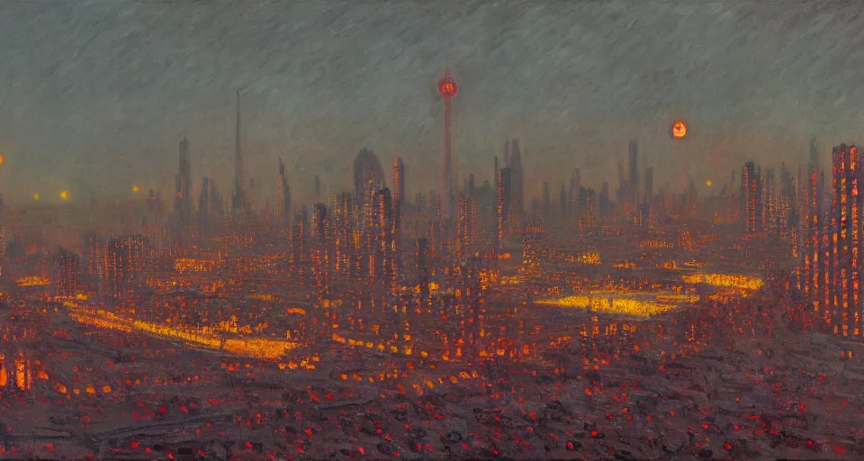 Image similar to Lisbon in 2287, cyberpunk, dark academia, by Simon Stålenhag and Claude Monet, oil on canvas