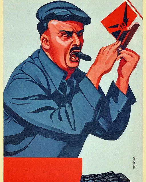 Image similar to soviet propaganda poster of an angry communist developer yelling at his computer