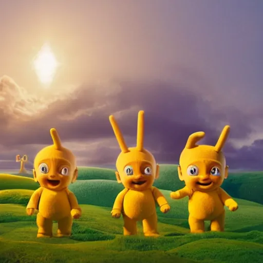 Prompt: Teletubbies with wide open eyes and smile, highly detailed, sharp focus, octane render, realistic eyes