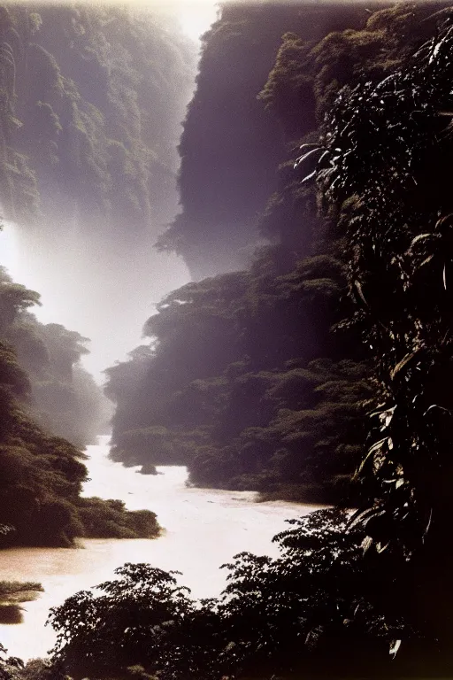 Prompt: a massive river that cuts through the jungle with large waterfalls and rapids ( designated : ix 3 2 4 4 - a ) by arthur haas and bruce pennington and john schoenherr, cinematic matte painting, 8 k, dark color palate