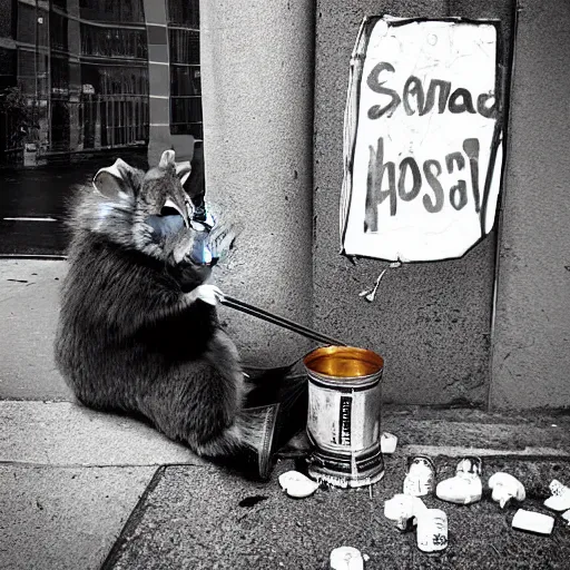 Image similar to “ hamster dressed as a homeless person sitting at an intersection with arms stretched out holding a tin can, trash on ground, sad atmosphere ”