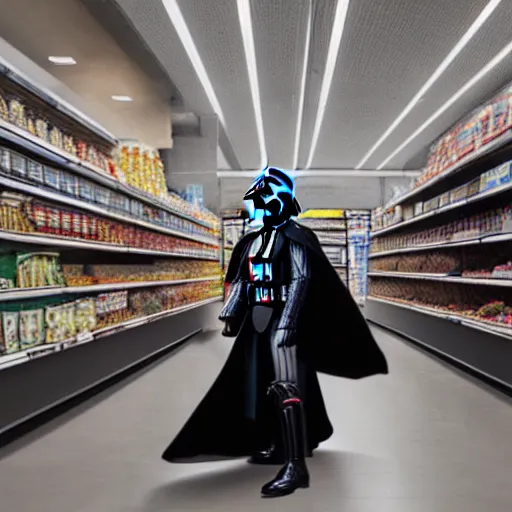 Image similar to A still of a Darth Vader shopping for groceries, 4k, 35mm, photograph, photoreal, ultra realistic, highly detailed, professional lighting