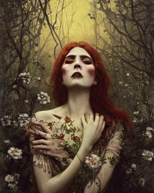 Image similar to a beautiful but sinister and creepy woman in layers of fear, with haunted eyes, violence in her eyes, 1 9 7 0 s, seventies, delicate embellishments, a little blood, woodland, moonlight shining on wildflowers, painterly, offset printing technique, by alexandre cabanel