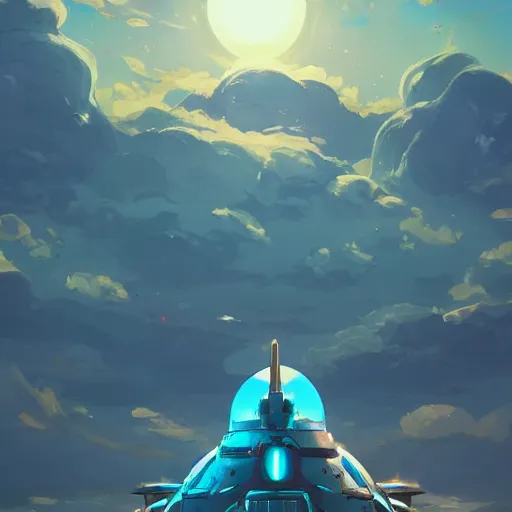 Image similar to a spaceship crashed into a foreign planet. The spaceship is buried in the ground. beautiful blue sky with large white anime clouds. in the style of digital art, artstation trending, rossdraws, breath of the wild, Makoto Shinkai, ghibli