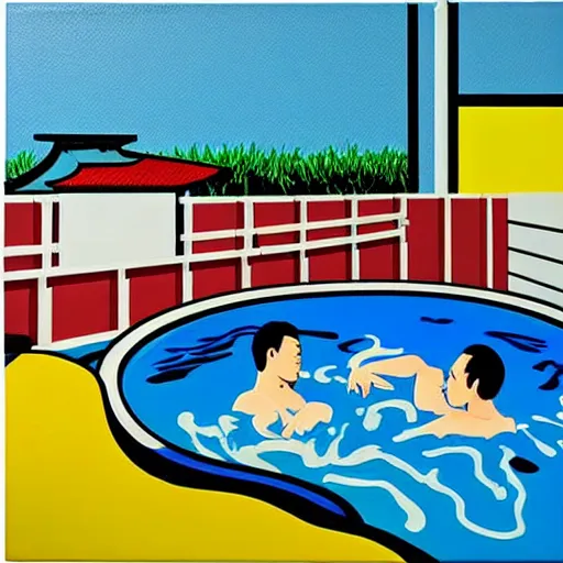 Image similar to hyperrealism composition of the japanese house with a hot springs in the garden, two detailed stormtroopers bathe in a hot spring, pop - art style, jacky tsai style, andy warhol style, roy lichtenstein style, round canvas, acrylic on canvas