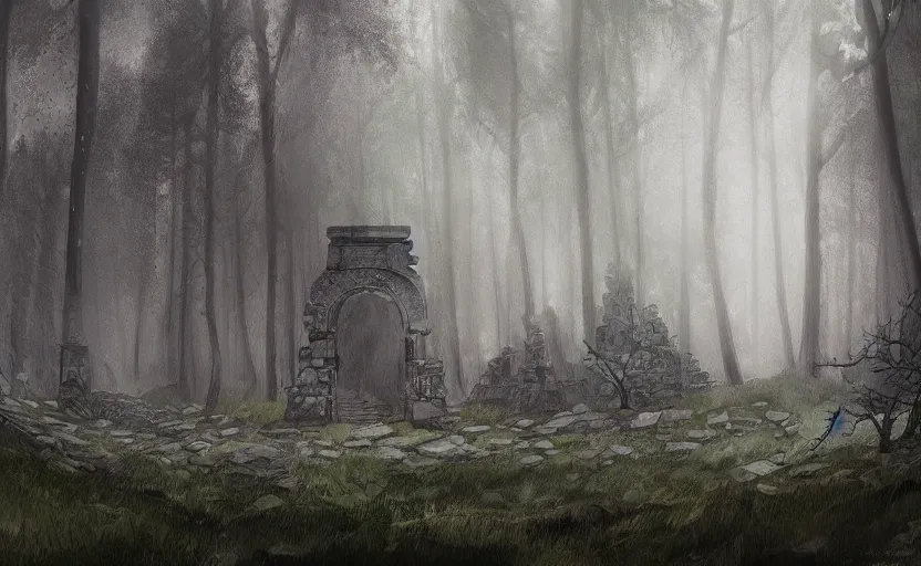 Image similar to mausoleum ruins, fir forest, rain, fog, megaliths, highly detailed, digital painting, architecture, artstation, concept art, sharp focus, illustration, artgerm, rutkoswki