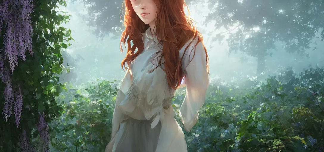 Image similar to a beautiful southern woman named Savannah, innocent, somber turquoise eyes, freckles, long ginger hair tied with white ribbon, sad under a wisteria plant, gentle lighting, storm in the distance, western clothing, dress, digital art by Makoto Shinkai ilya kuvshinov and Wojtek Fus, digital art, concept art,