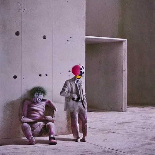 Prompt: liminal spaces, faceless clowns frolicking in a plain, brutalist environment, with faded colors and soft pastels. as an award winning masterpiece with incredible detailed, by zhang kechun, surreal and vaporwave painting by thomas cole, highly detailed