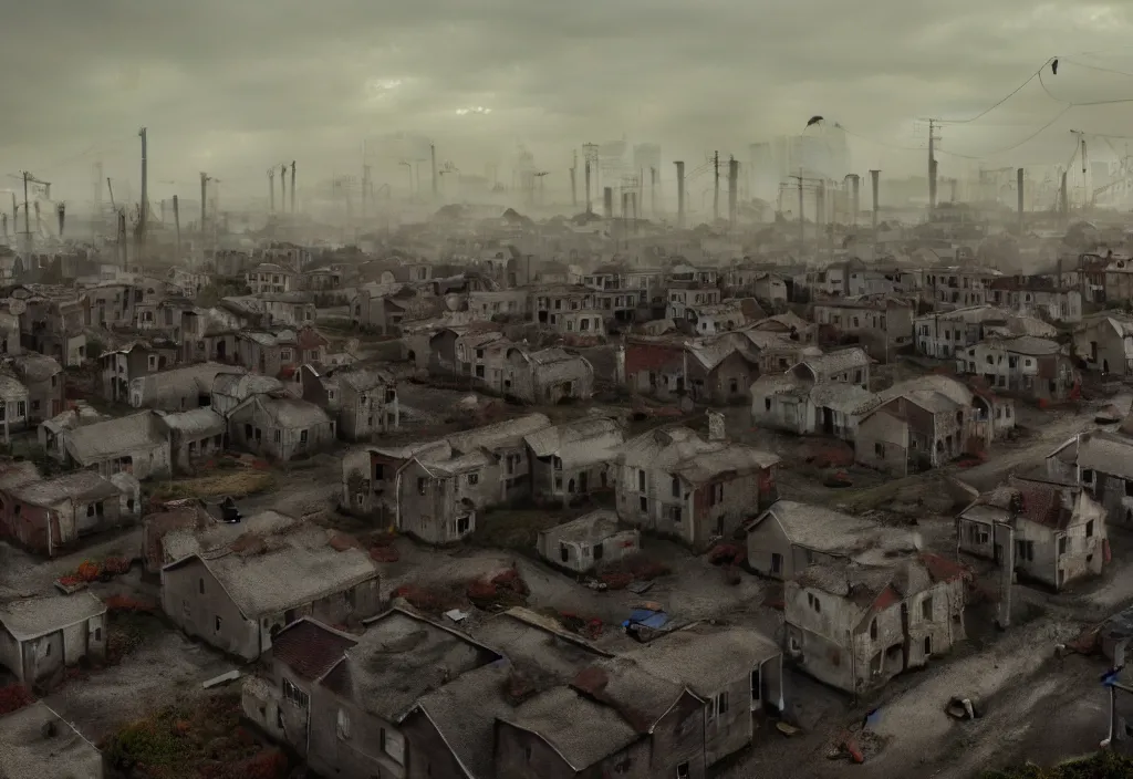 Image similar to dystopian poor village, with decrepit run down houses outside of a much larger town. 8 k, octane render, city in backround, town in foreground, dark, gloomy, sad, polluted