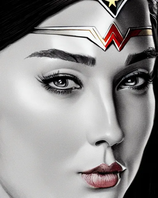 Prompt: wonderwoman portrait hd sharp photo with mix of gal Gadot and Linda Carter in frank Miller Alex Ross style detailed trending Leica Zeiss depth of field