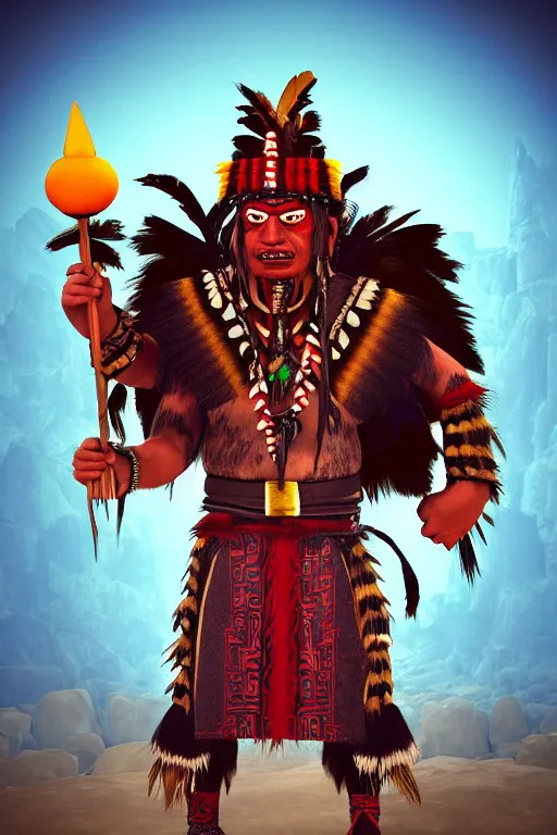 Image similar to Metroidvania game, character design, angry indigenous Inca Peruvian magician shaman. Cartoony,, hyper realist cinematic shot, by Kurtis Dawe and Nicolas Saviori , trending on Artstation and Unreal engine.