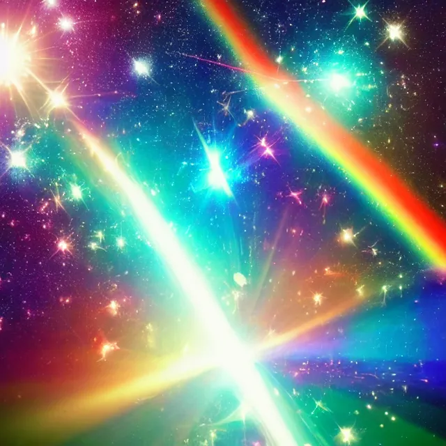 Prompt: rainbow beam of shiny light in space, vintage