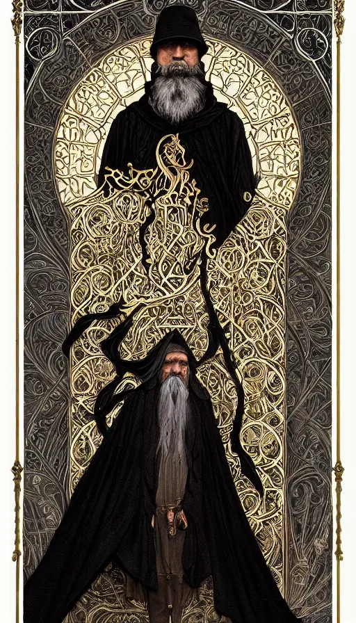 Image similar to one old man wore a black cloak, a black cloak and a white beard, highly detailed, very intricate, art nouveau, gold filigree, left right symmetry, tarot concept art watercolor illustration by mandy jurgens and alphonse mucha and alena aenami, featured on artstation