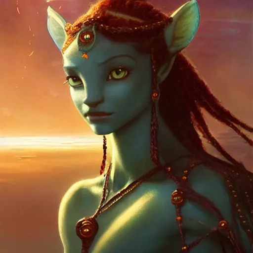 Image similar to A beautiful Navi Princes from Avatar Movie, fullbody, intricate, alien ocean, highly detailed, artstation, CG Society, concept art, smooth, sharp focus, HDR, insanely colourful, colour variation, illustration, art by greg rutkowski and orientalism and bouguereau and Zdzislaw Beksinski, good clear quality, lighting, warm lighting, solarpunk, biology, symmetrical artwork, perfect face, 135 mm, cinematic, hyper realism, high detail, octane render, 8k, chrome accents