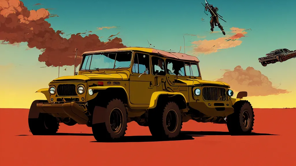 Image similar to digital illustration of mad max's fj 4 0 pursuit special, the last v 8 interceptor driving down a deserted cyberpunk highway in the middle of the day by studio ghibli, anime style year 2 0 9 3, by makoto shinkai, ilya kuvshinov, lois van baarle, rossdraws, basquiat