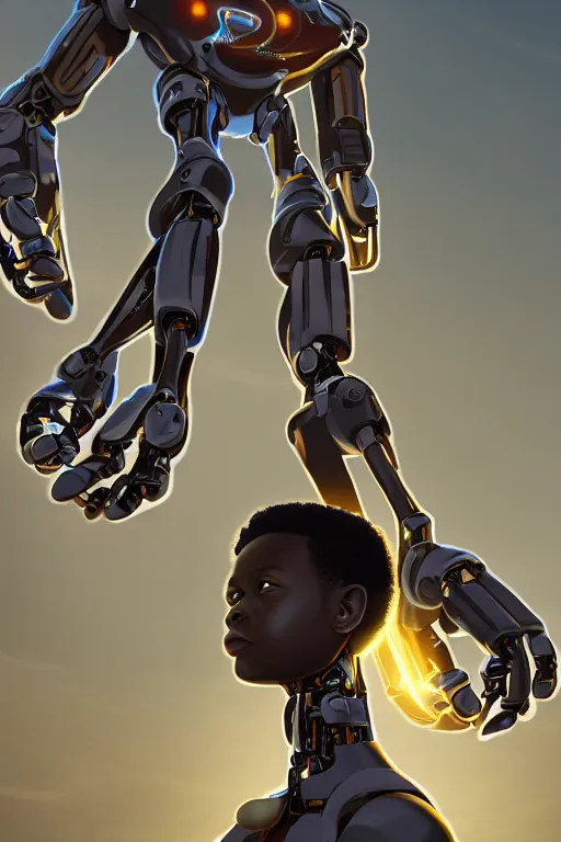 Image similar to a black boy fixing a futuristic robot in the nature, mixing solarpunk, afropunk ( ( ( ( volumetric light ) ) ) ), high angle, part by pearl fryar, part by prince damah, sunny day, trending on artstation, cinematic view, illustration, painting