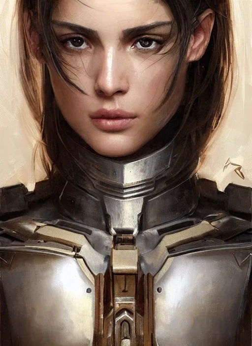 Image similar to a professional painting of a beautiful young female, clothed in military armor, olive skin, long dark hair, beautiful bone structure, symmetrical facial features, intricate, elegant, digital painting, concept art, smooth, sharp focus, illustration, from Metal Gear, by Ruan Jia and Mandy Jurgens and Artgerm and William-Adolphe Bouguerea