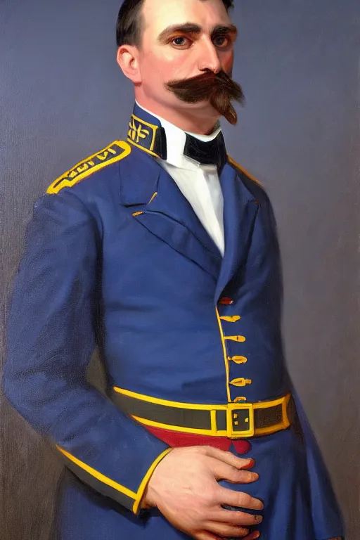 Image similar to full body portrait of the dictator of the oklahoma city thunder, 1 8 8 9, in full military garb, thunder blue, sunset, navy blue, oil on canvas by william sidney mount, trending on artstation