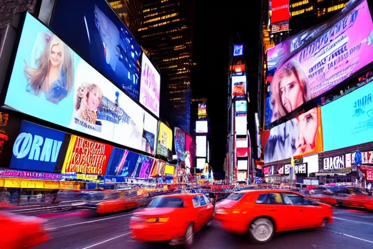 Image similar to a detailed photograph depicting times square at night. a giant digital billboard shows a heroic portrait of a proud blonde woman in her 6 0's. sci fi, neon lighting, futuristic.