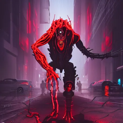 Image similar to Very very very horrific cyber-demon, cyberpunk style, vivid colors, dramatic lighting, top post of all time on /r/ImaginaryMonsters subreddit