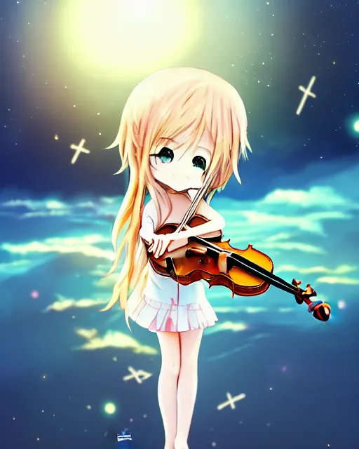 Image similar to anime style, chibi, full body, a cute girl with white skin and golden long wavy hair holding a violin and playing a song, heavenly, stunning, modern art, lunar time, trending art, sharp focus, centered, landscape shot, happy, fleeting dream, simple background, studio ghibly makoto shinkai yuji yamaguchi, by wlop