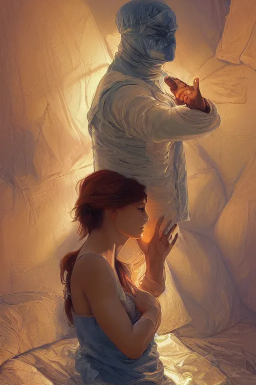 Image similar to portrait of tinfoil hat man in orange t - shirt hugging from behind his wife in a bed, feelings, romantic, fantasy, intricate, elegant, highly detailed, digital painting, artstation, concept art, smooth, sharp focus, illustration, art by artgerm and greg rutkowski and alphonse mucha