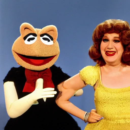 Prompt: 1983 happy woman on a talk show show with a long prosthetic snout nose, big nostrils, wearing a dress, 1983 French film color archival footage color film 16mm Fellini Almodovar John Waters Russ Meyer Muppet Show