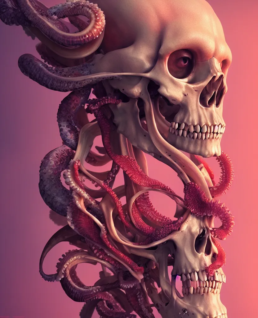 Image similar to goddess close - up portrait human skeleton, ram skull, squid phoenix jellyfish, orchid, betta fish, bioluminiscent, intricate artwork by tooth wu and wlop and beeple. octane render, trending on artstation, greg rutkowski very coherent symmetrical artwork. cinematic, hyper realism, high detail, octane render, 8 k