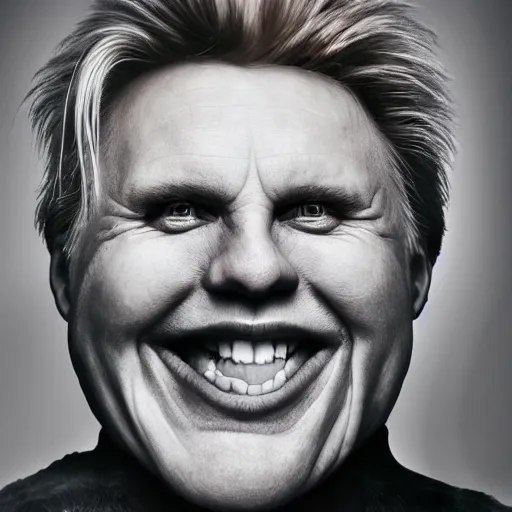 Image similar to centered detailed portrait of a caricature of Gary Busey smiling by Alina Ivanchenko,Alessio Albi and Shin JeongHo, shot on 70mm, hyper realism,