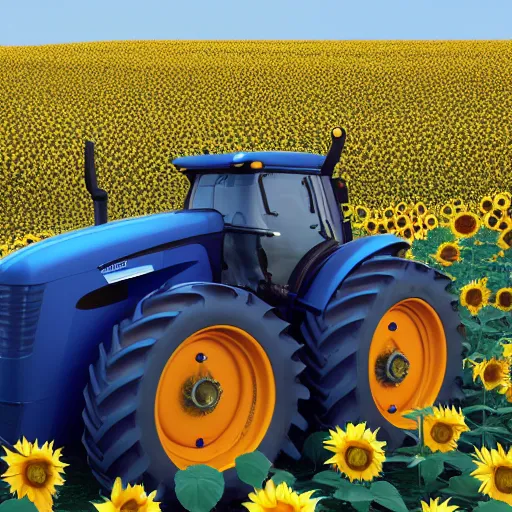 Image similar to a tractor with a ukrainian blue and yellow flag in a sunflower field by goro fujita, 3 d octane render, 8 k, trending on artstation