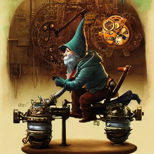 Prompt: Graffiti Spraypaint A gnome gnome riding a steampunk automaton clockwork golem golem jim lambie michael cheval norman rockwell greg rutkowski alberto sughi tombow