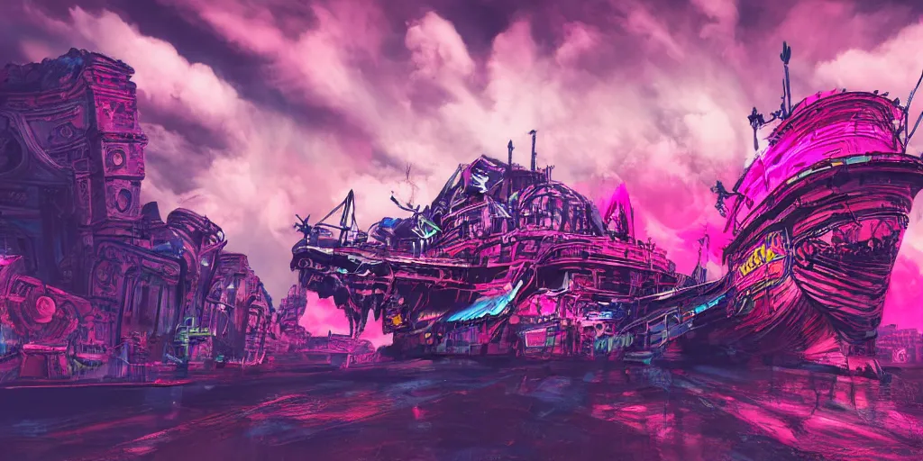 Image similar to punk big beautiful face, space, dungeon, pirate neon ship with punks on board, mohawks, neon, oil painting, pink, rich deep colors masterpiece, ultra detailed, contrast, heaven pink, lots of roman arches, punk rock with mohawks, clouds, sky, volumetric light, atmospheric lighting, dramatic, cinematic, moody, octane render 4 k, 8 k