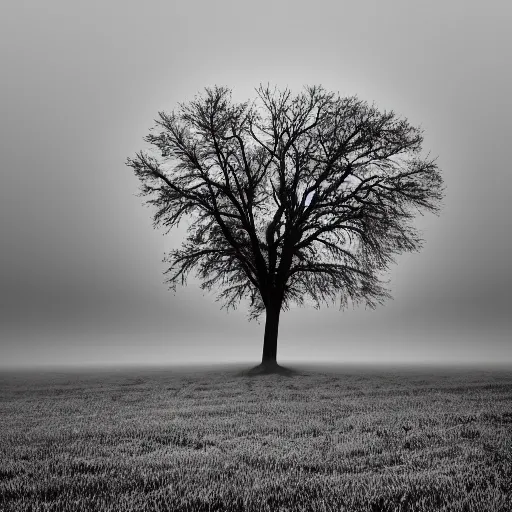 Prompt: a flaming oak tree in an open field with fog, horror, ultrarealism, 8k