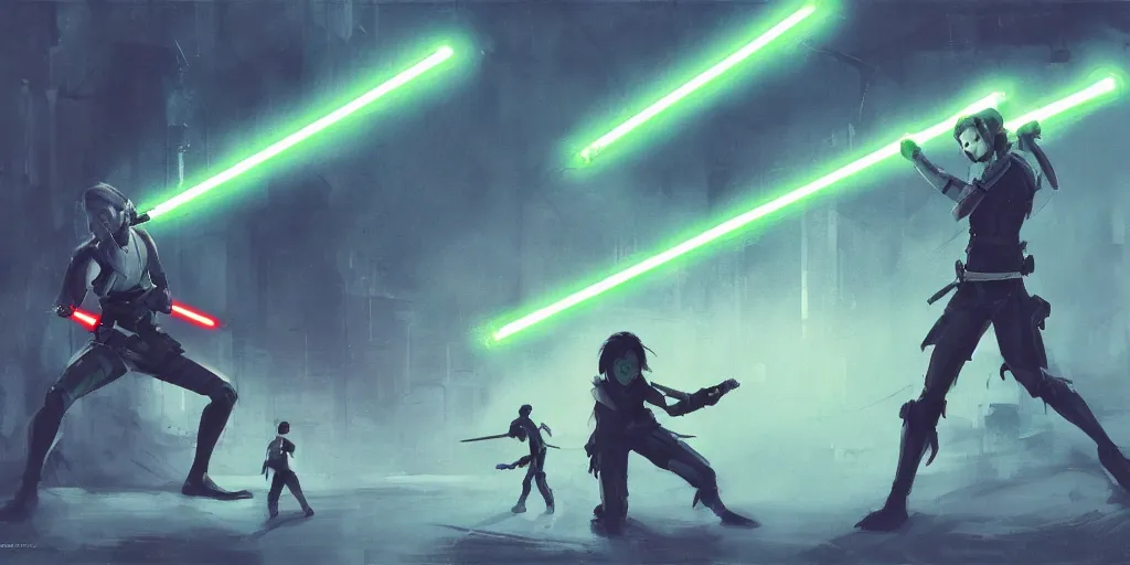 Image similar to Jedi lightsaber Duel in future japan at night, sword fight, Neon Lights, High contrast, concept art, fine details, studio ghibli, cinematic lighting, ghost-in-the-shell, cyberpunk,sci-fi, fantasy, intricate, elegant, highly detailed, digital painting, trending on artstation, concept art, smooth, sharp focus, illustration, by james gurney and greg rutkowski