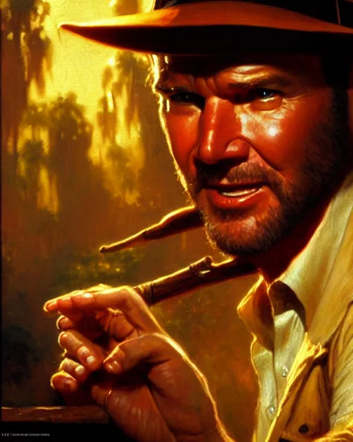 Prompt: attractive 4 5 year old man watching the movie indiana jones on his desktop computer, watching the screen gleefully, golden hour painting by gaston bussiere, craig mullins, j. c. leyendecker