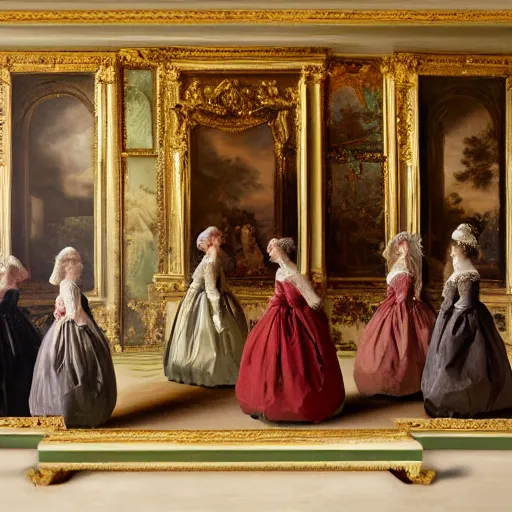 Image similar to fine art, oil on canvas. six women at the garden of the palace of versailles in france wearing fine clothes, no faces visibles. dark room with light coming through the right side. baroque style 1 6 5 6. high quality realistic recreation of illumination shadows and colors, no distortion on subject faces.