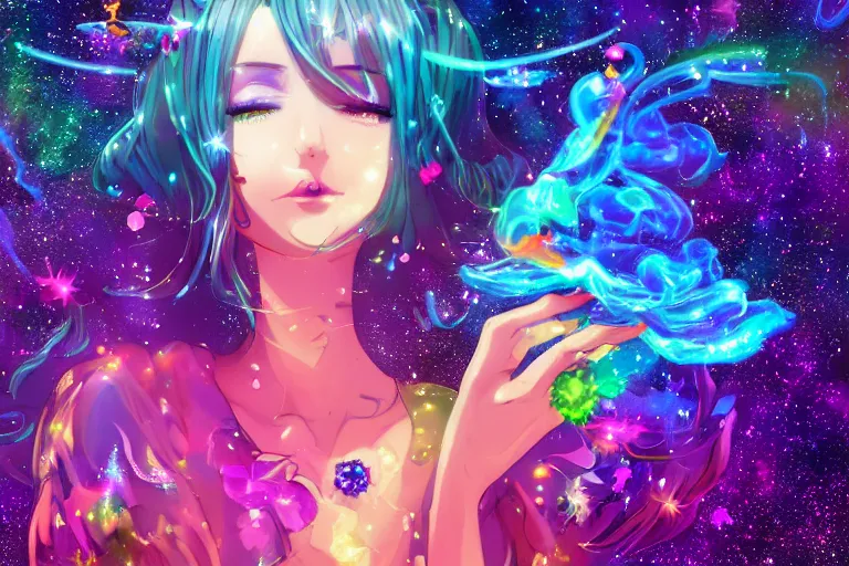 Prompt: psychedelic, full body, whimsical, anime, 4k, beautiful lusty woman blowing smoke, with professional makeup, long trippy hair, a crystal and flower dress, sitting in a reflective pool, surrounded by gems, underneath the stars, rainbow fireflies, trending on patreon, deviantart, twitter, artstation, volumetric lighting, heavy contrast, art style of Ross Tran and Viktoria Gavrilenko and Ilya Kuvshinov