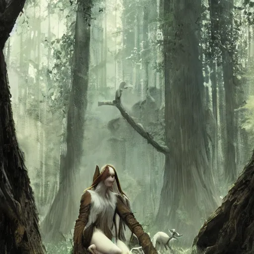Prompt: 'portrait of a wood-elf surrounded by animals in the woods, art by Greg Rutkowski, 4k'