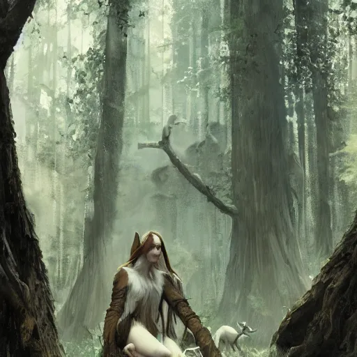 Image similar to 'portrait of a wood-elf surrounded by animals in the woods, art by Greg Rutkowski, 4k'