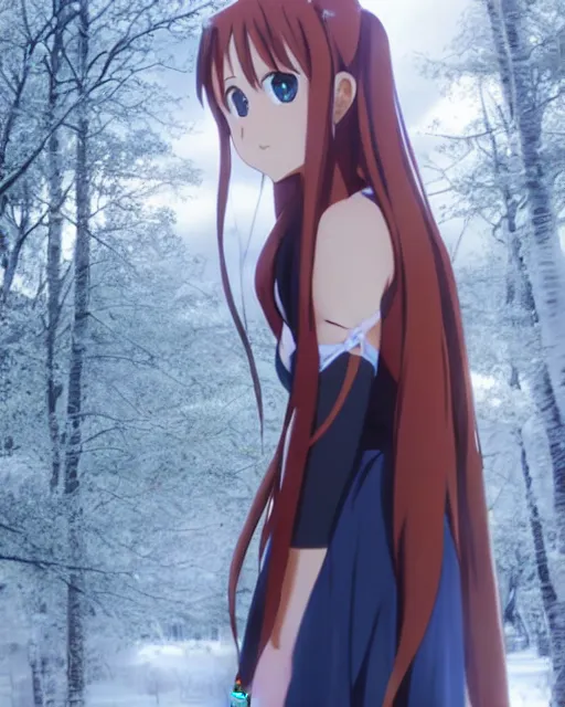 Image similar to photo of asuna from sao in winter location, asuna by a - 1 pictures, by greg rutkowski, gil elvgren, enoch bolles, glossy skin, pearlescent, anime, very coherent, film still, dslr, 3 5 mm canon