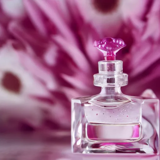 Image similar to perfume bottle sitting on a white surface surrounded by a plethora of deep - pink dew - drop flowers, bright white realistic, up close shot, white background, zen, light, modern minimalist f 2 0