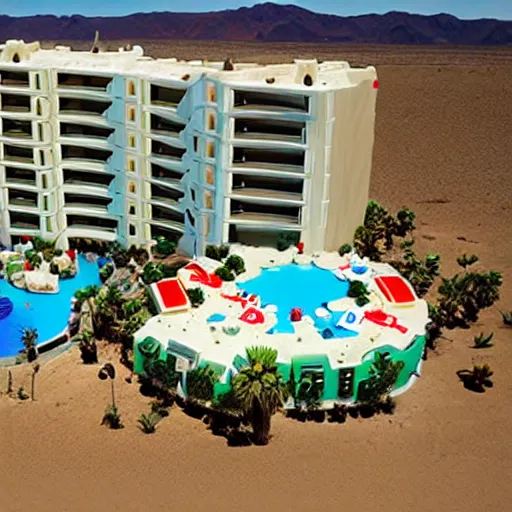 Image similar to baby toy style hotel in the dessert, big scale