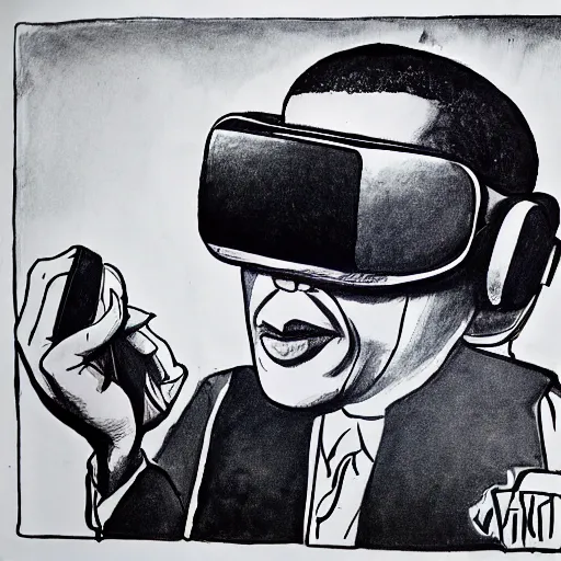 Image similar to ink drawing of obama wearing a VR headset, master piece